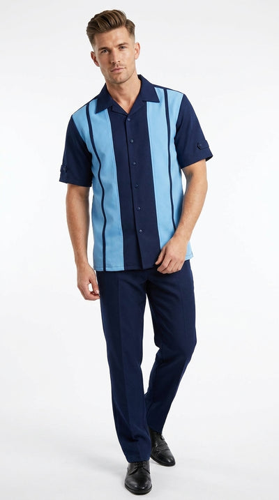 Menβs Navy and Sky Blue Walking Suit β 2-Piece Short Sleeve Casual Leisure Outfit