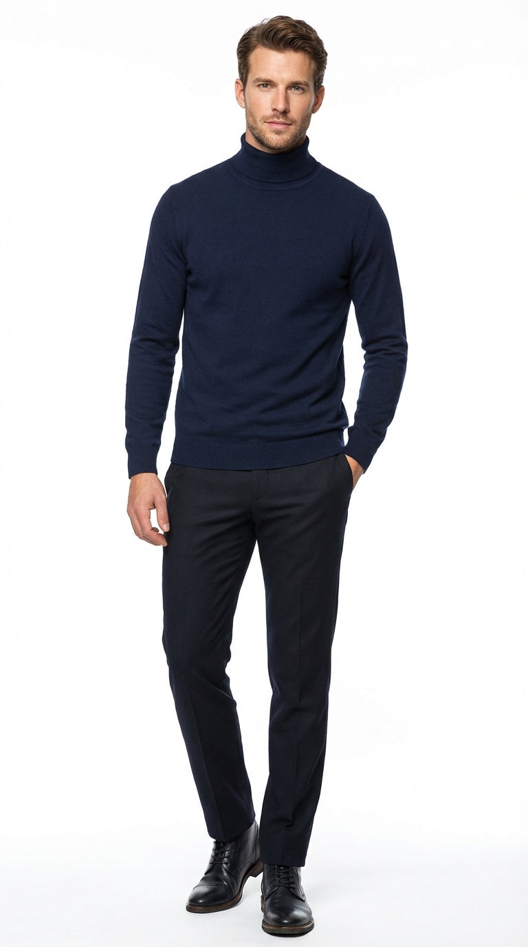 Men’s Navy Blue Turtleneck Sweater Pullover | Cotton Blend Long Sleeve Knit Top for Casual & Smart Wear – SuitUSA