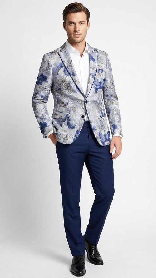Men’s Navy Blue and Gray Paisley Print Blazer – Prom Jacket for Formal, Party, and Evening Wear
