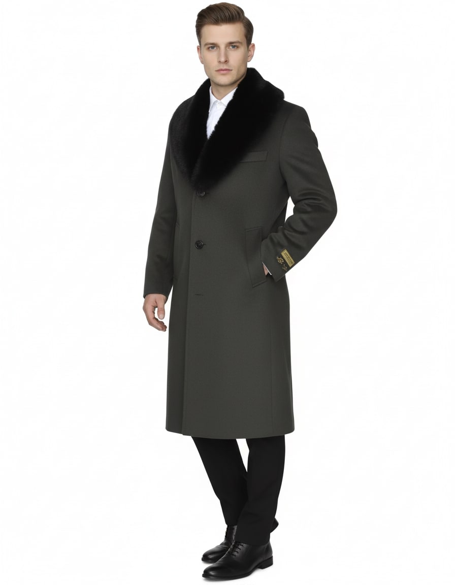Mens Full Length Olive Overcoat with Black Fur Collar – Luxury Wool Fabric Winter Long Coat in Hunter Green – SuitUSA