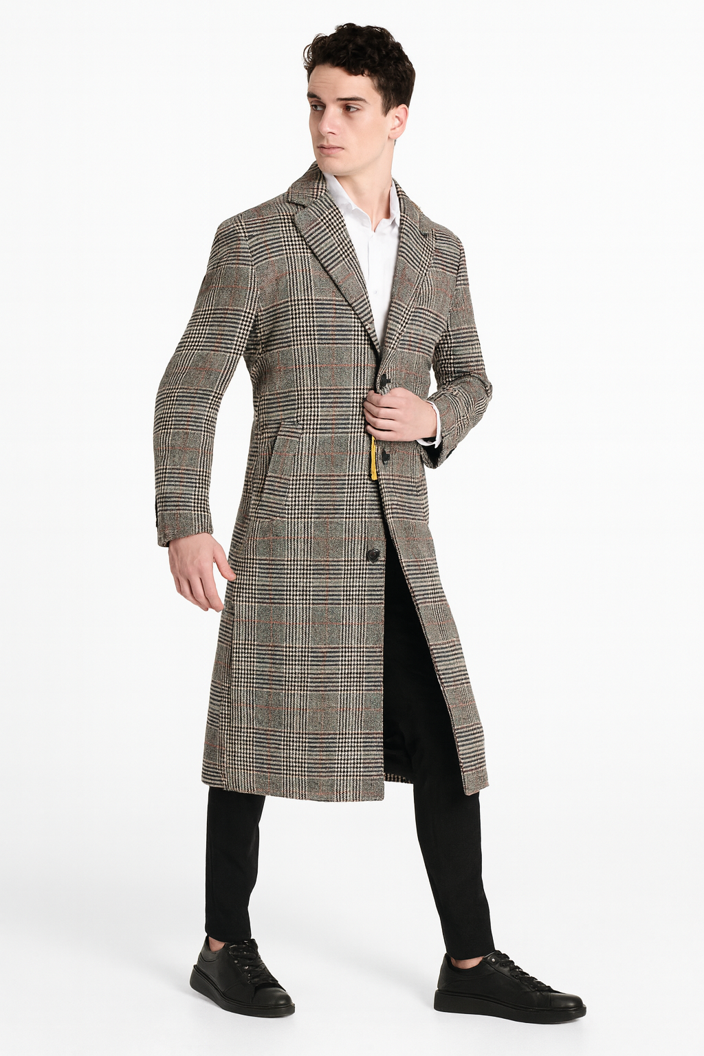 Men’s Full length Long Plaid Overcoat – Classic Checkered Wool Blend Winter Coat in Gray Color Checkered