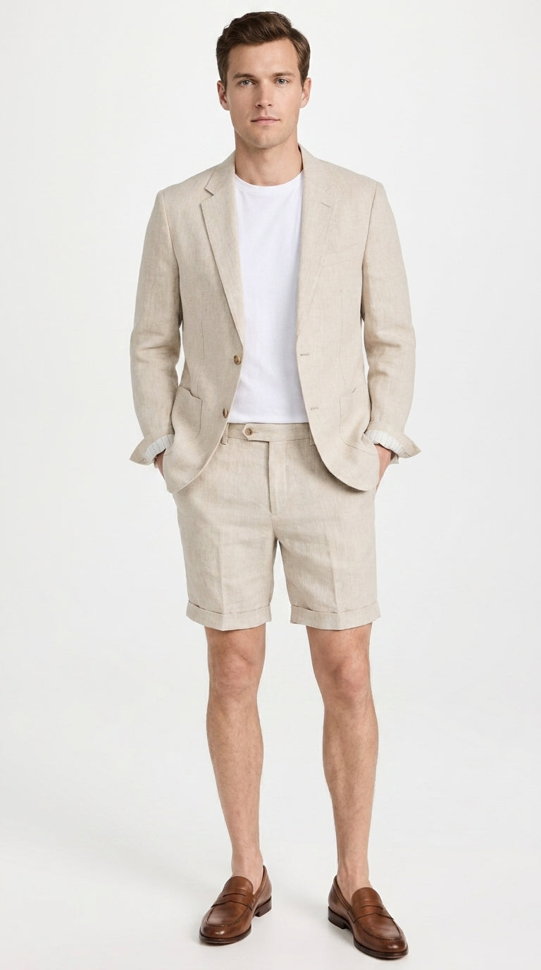 Menās Tan Linen Suit with Shorts, 2 Piece Summer Short Suit, Casual Beach Wedding Outfit