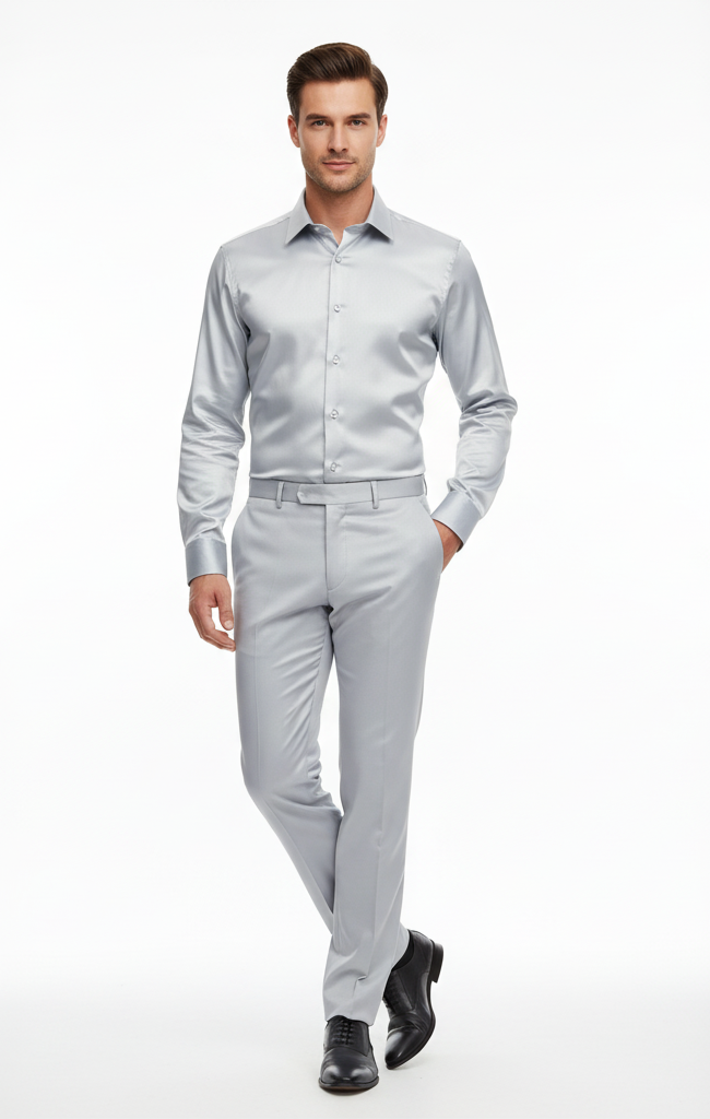 Men’s Silver Satin Dress Shirt and Pants Set – Luxury Slim Fit Outfit for Parties, Weddings, and Formal Events