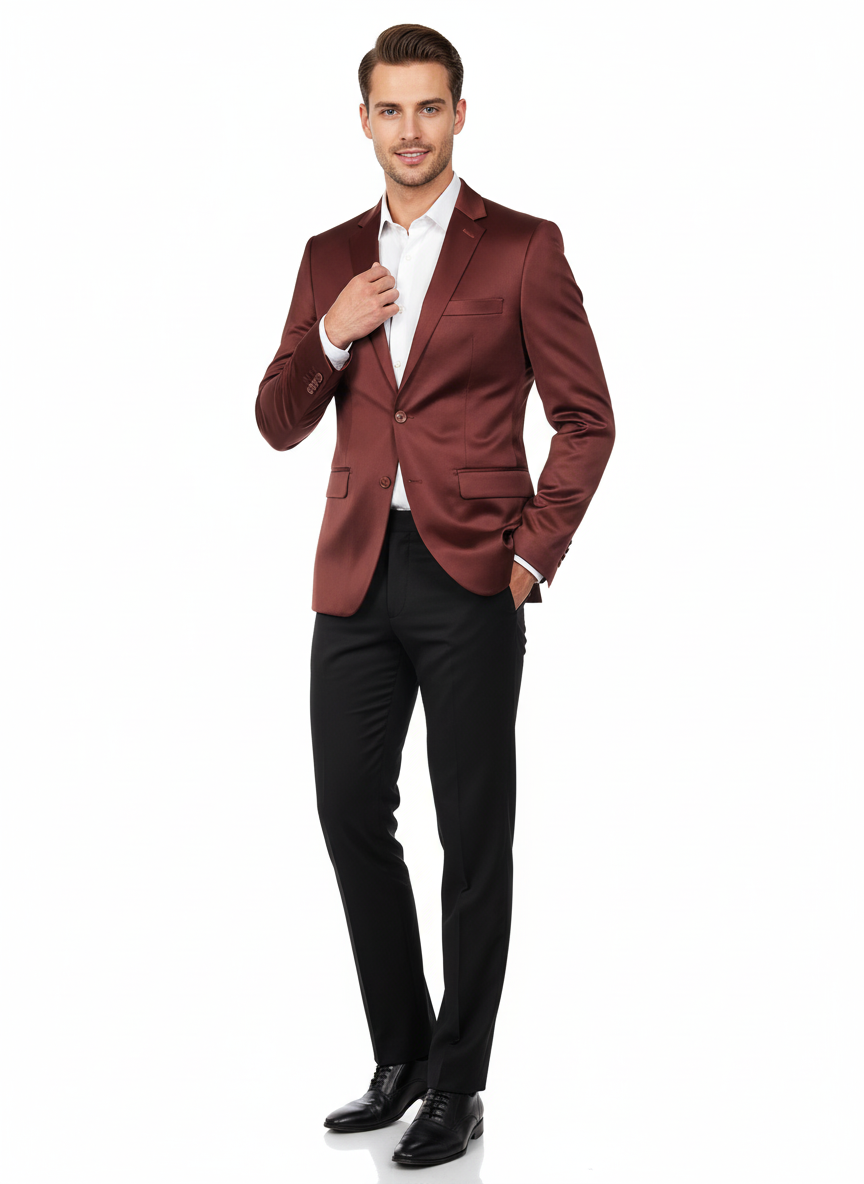 Men’s Slim Fit Maroon Satin Blazer – Elegant Two-Button Formal Suit Jacket for Weddings, in Maroon Wine Color – SuitUSA