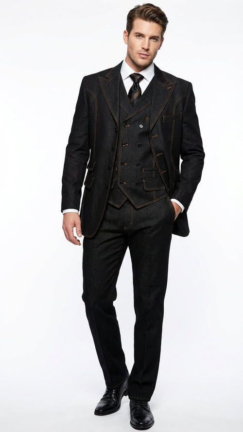 Men's Black Denim Fabric Suit β Classic Three Piece Denim Suit for Wedding, Prom and Church Wear