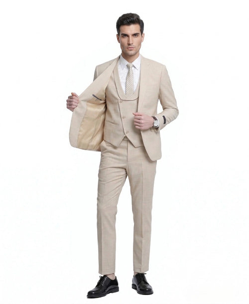 Mens Sand Beige 3 Piece Suit β Double breasted Vest Formal Suit Set and Dress Pants in Champaign Natural Summer Color
