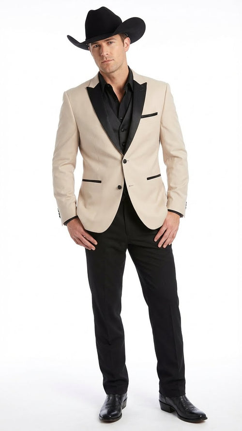 Men's Light Tan and Black Lapel Western Tuxedo Suit Set Wedding Party Cowboy Dress Tuxedo Black Pants