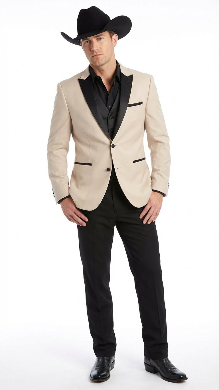 Men's Light Tan and Black Lapel Western Tuxedo Suit Set Wedding Party Cowboy Dress Tuxedo Black Pants