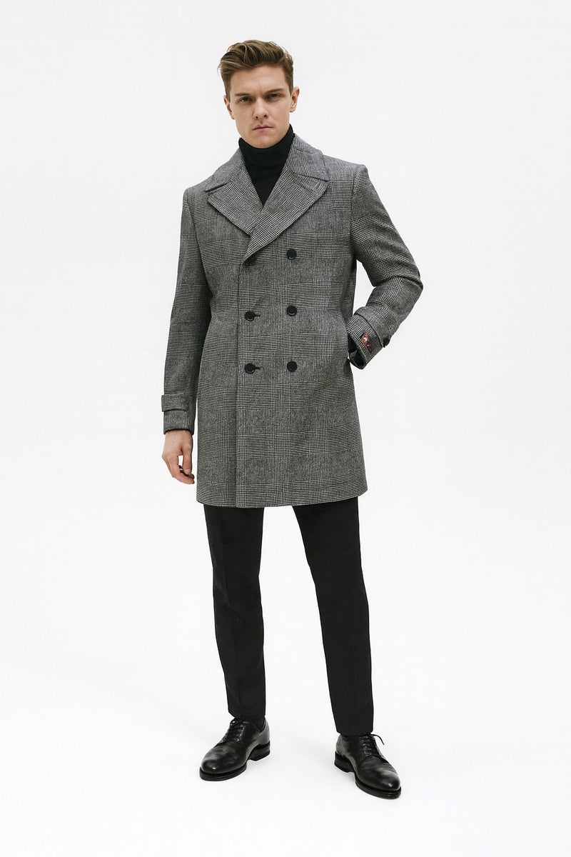 Mens Grey Plaid Double-Breasted Overcoat with Black Faux Fur Collar – Classic Winter Peacoat