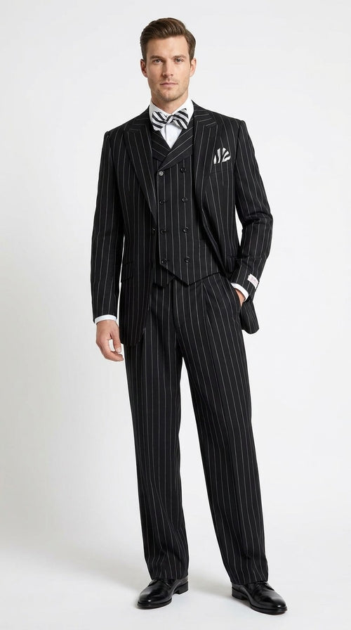 Men’s Black Pinstripe 3-Piece Suit Wool Suit – Classic Fit Single Button Suit with Wide Leg Pleated Pants By Tiglio Russo