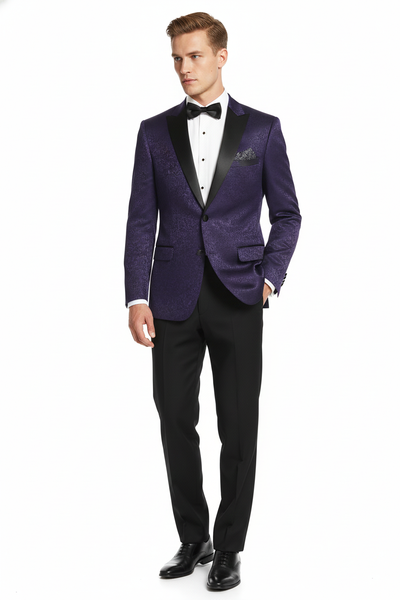 Men’s Purple Paisley Tuxedo Jacket – Ultra Slim Fit Dinner Blazer with Black Satin Peak Lapel