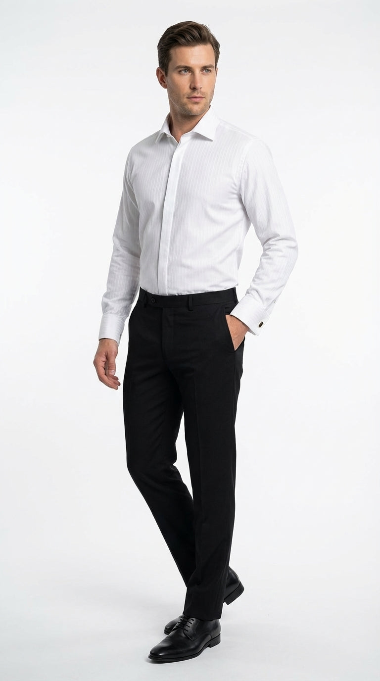 Mens White Herringbone Shadow and Tone on Tone Dress Shirt β Classic Formal Wedding