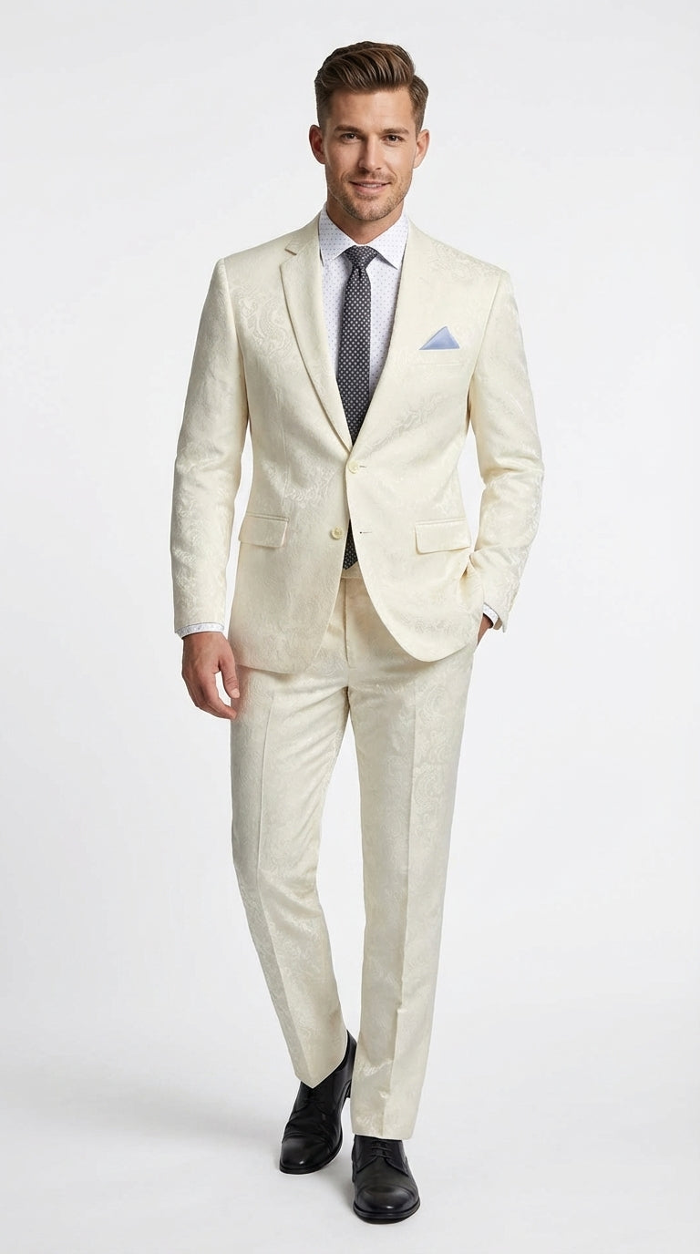 Men’s Ivory Paisley Shiny Suit – Flroal Formal Wedding and Prom Suit for Party, in Cream Off White – SuitUSA