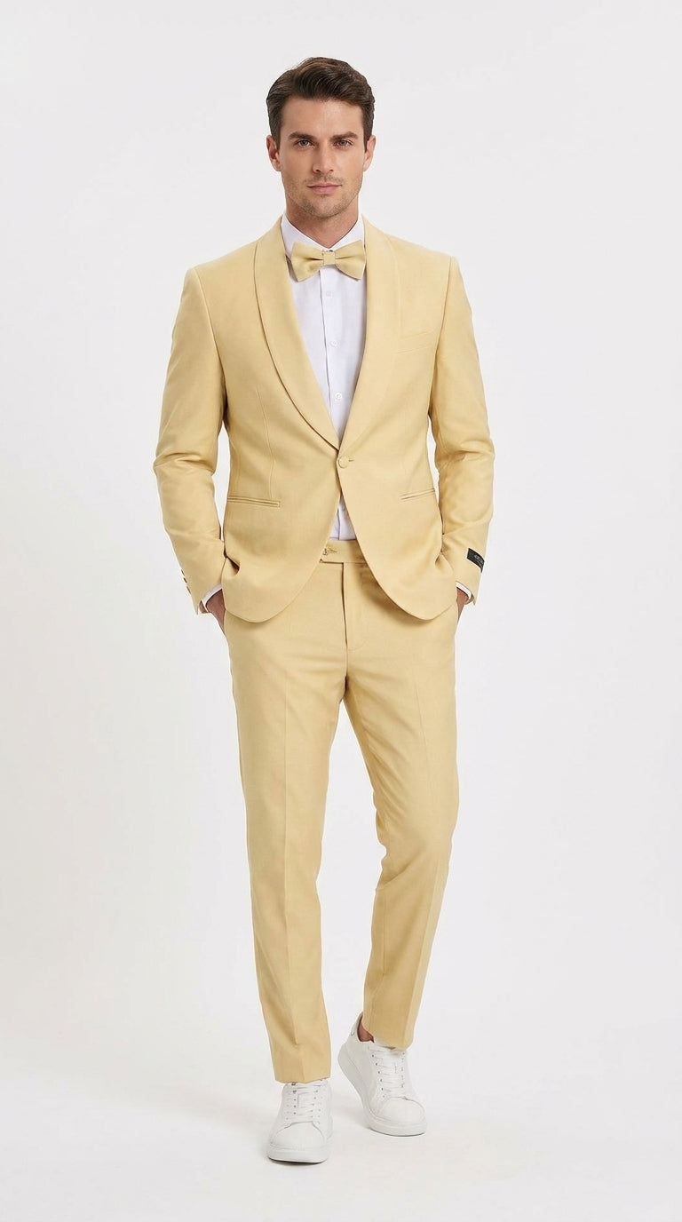 Men’s Light Yellow Shawl Lapel Tuxedo – Modern Wedding, Prom & Groom Formal Suit + Matching bowtie