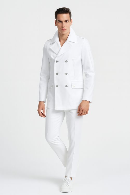 Men’s White Double-Breasted Peacoat Jacket - Classic Stylish Outerwear Wool Fabric Slim Fitted by USA Men's Outlet