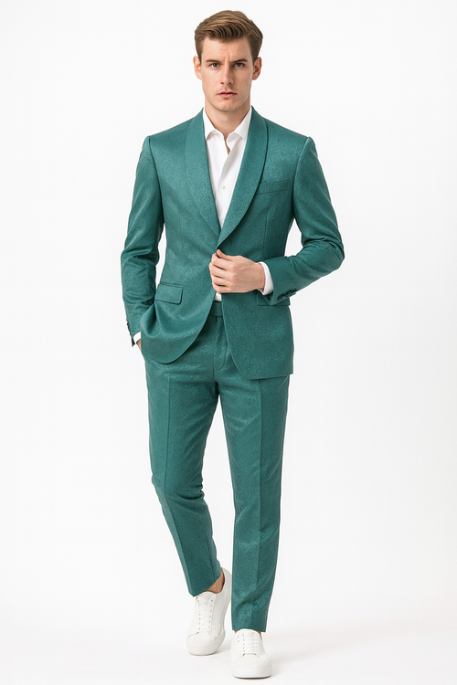 Men’s Teal Green Floral Jacquard Blazer – Slim Fit Tuxedo Jacket for Weddings, Proms, and Parties
