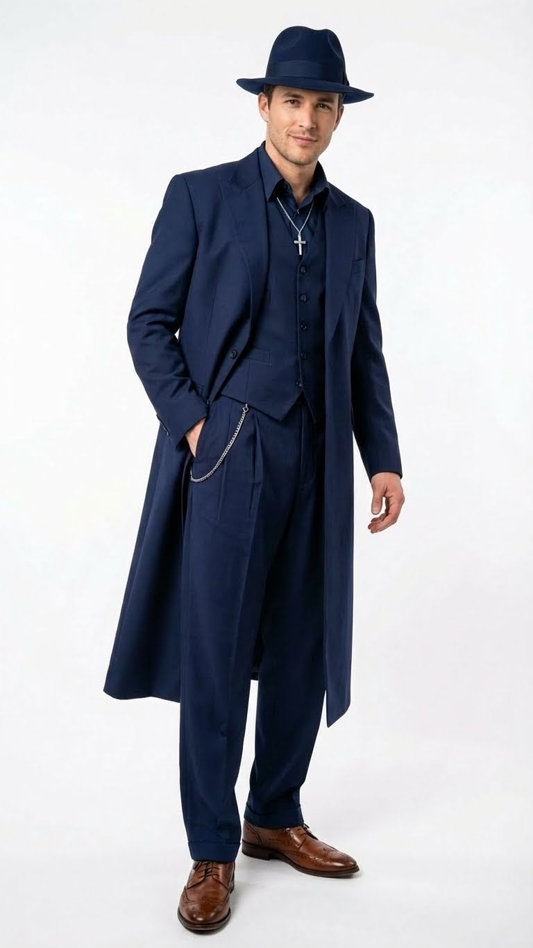 Men’s Navy Blue 1920s Zoot Suit – Long Mafia Gangster Three-Piece Vintage Costume Set Zuit Pachuco Style – SuitUSA