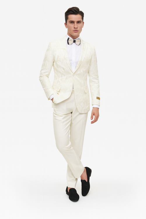 Men’s Ivory Floral Embroidered Tuxedo Jacket - Elegant Wedding and Party Blazer in Cream Color With Ivory Pants USA Men's Outlet
