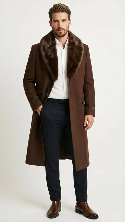 Men’s Brown Long Overcoat with Faux Fur Collar - Classic Winter Formal Coat Three Quarter Carcoat Wool and Cashmere Fabric USA Men's Outlet
