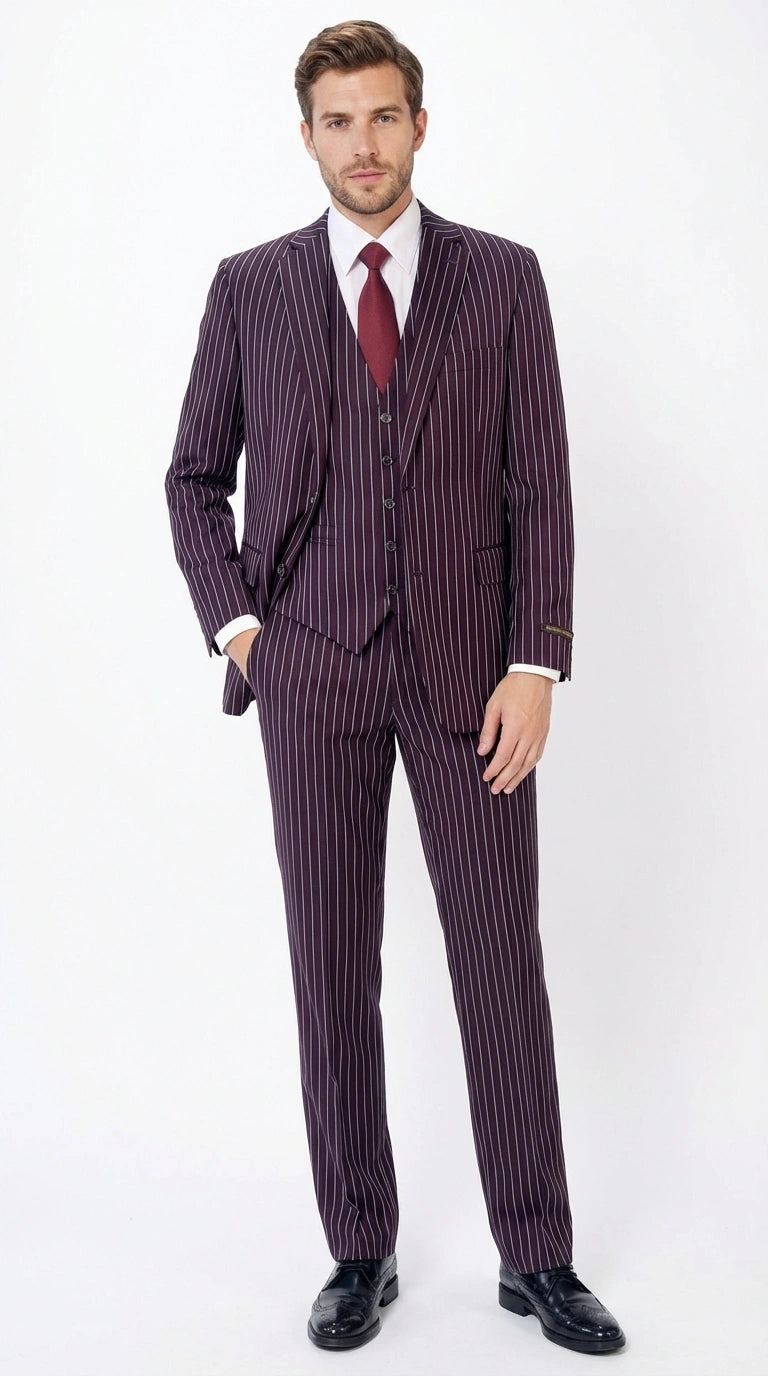 Men’s Plum Eggplant Pinstripe 3 Piece Suit – Burgundy Purple Formal Suit Gangster 1920s Mafia Pimp Suit