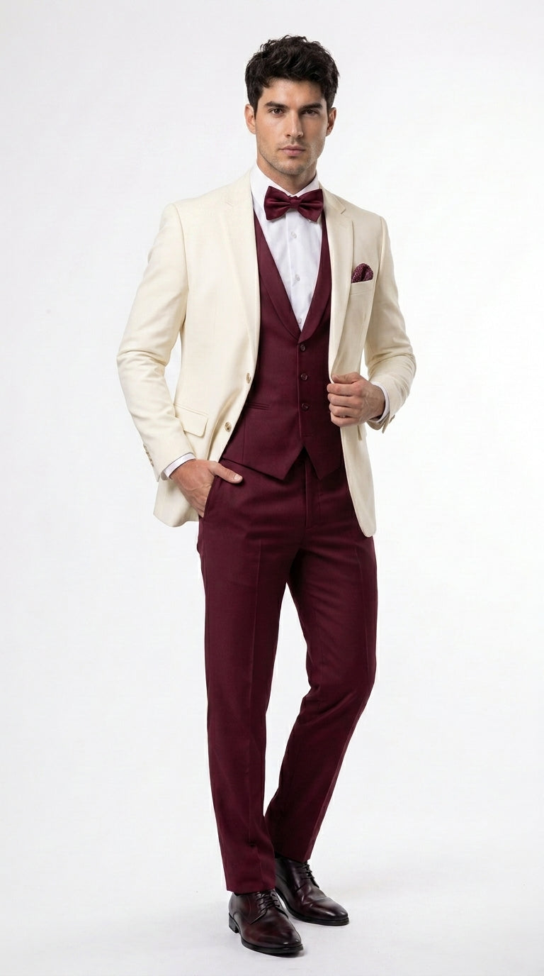 Menās Cream Ivory and Burgundy 3 Piece Tuxedo Suit, Vested Formal Wedding Prom Dinner Suit in Cream Off White Color