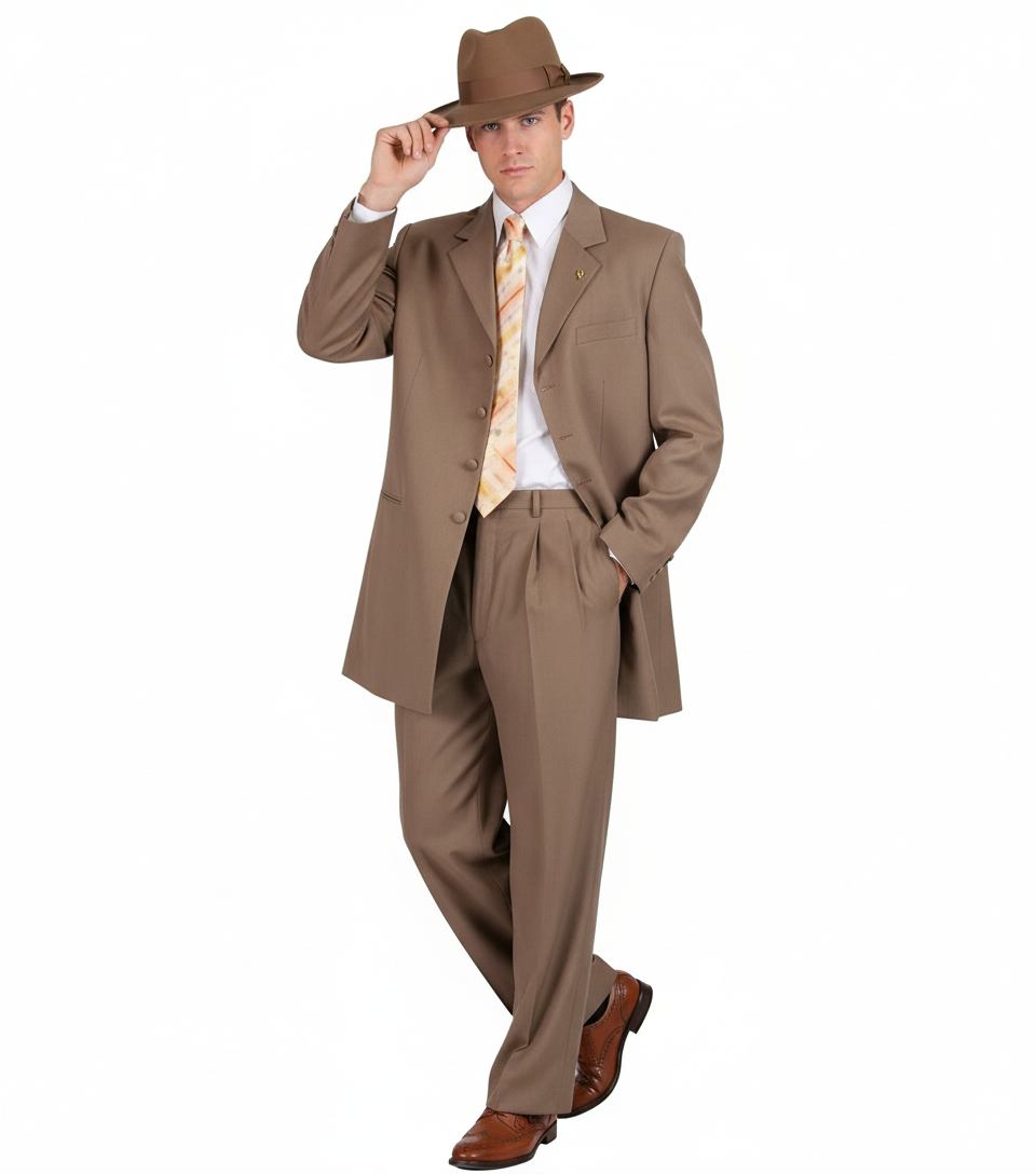 Men’s 1920s Tan Zoot Suit with Fedora Hat and Wingtip Shoes – Vintage Gangster 3-Piece Long Jacket Suit – SuitUSA