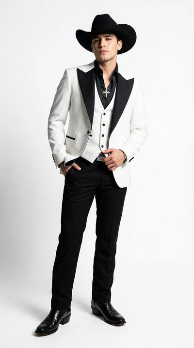 Men’s White Cowboy Tuxedo with Black Satin Lapel – Western Formal Suit with Matching Vest