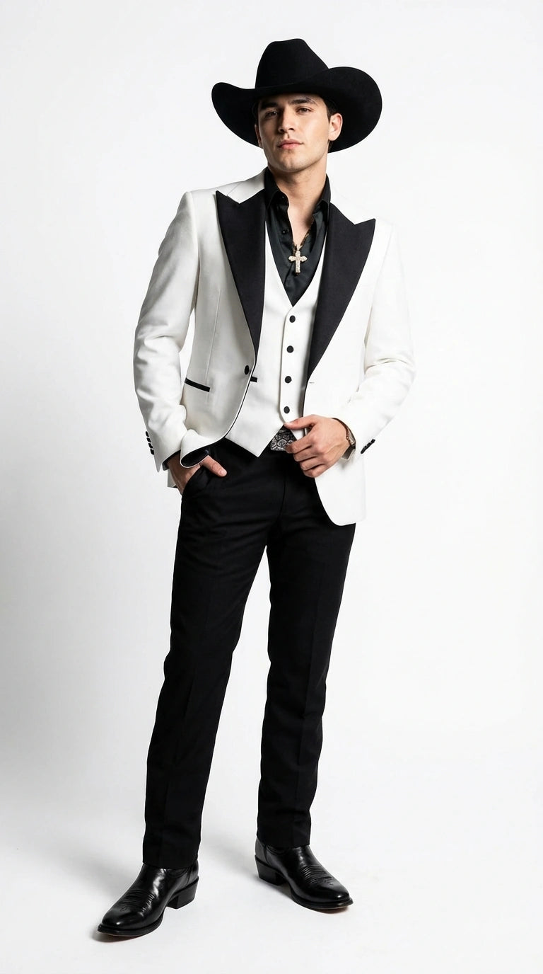 Menβs White Cowboy Tuxedo with Black Satin Lapel β Western Formal Suit with Matching Vest