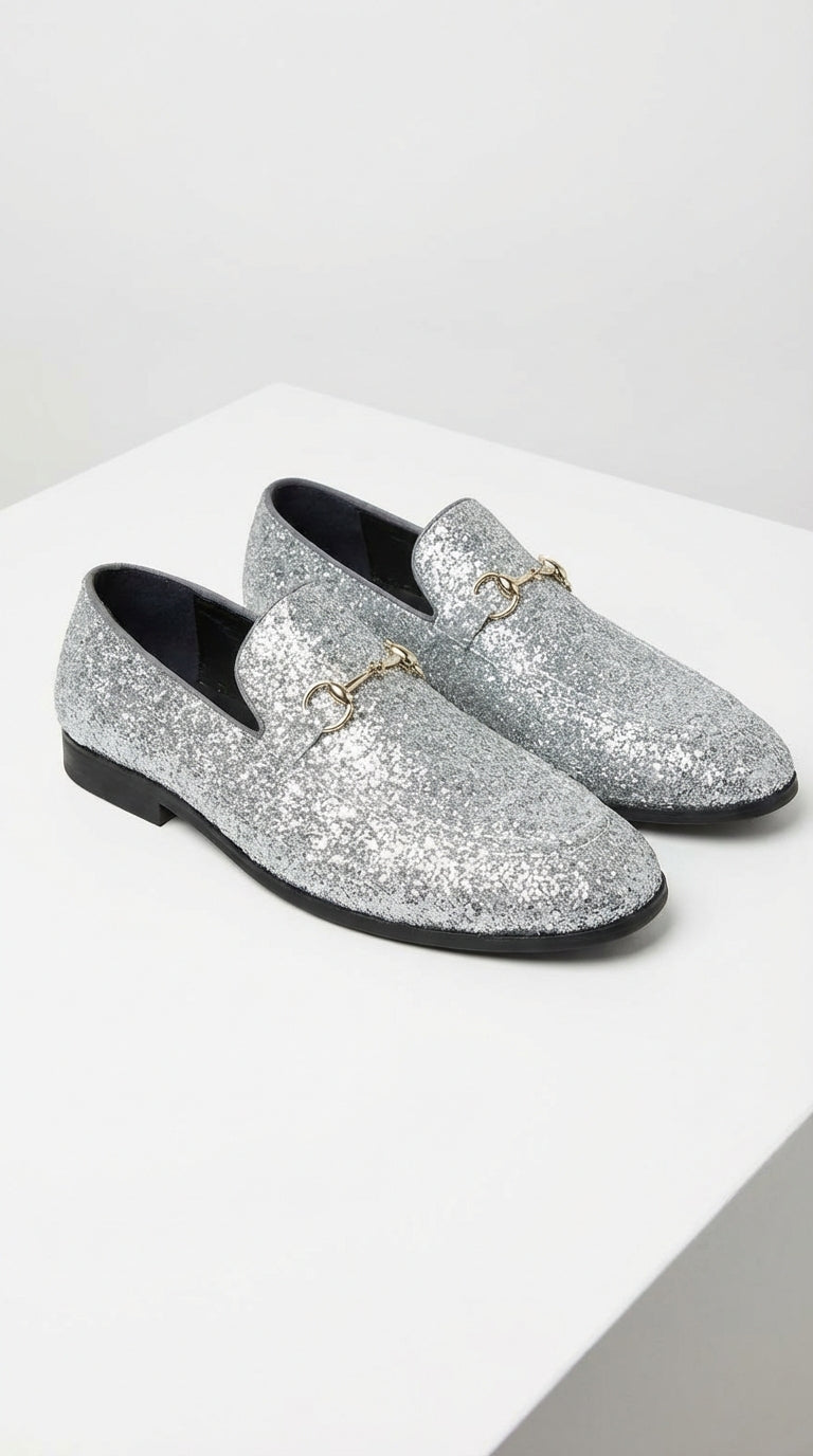 Men's Silver Gray Glitter Loafers | Sparkly Dress Shoes for Wedding, Prom, Party & Formal Events