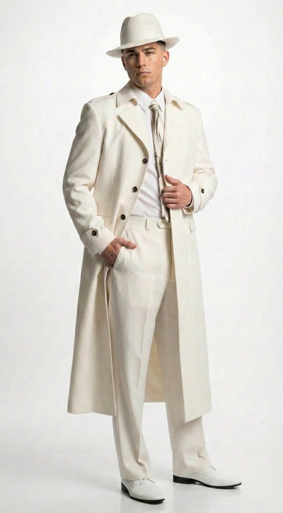 Men’s Ivory Cream Off White Full Length Zoot Suit – Vintage Gangster Style Long Coat Formal Suit