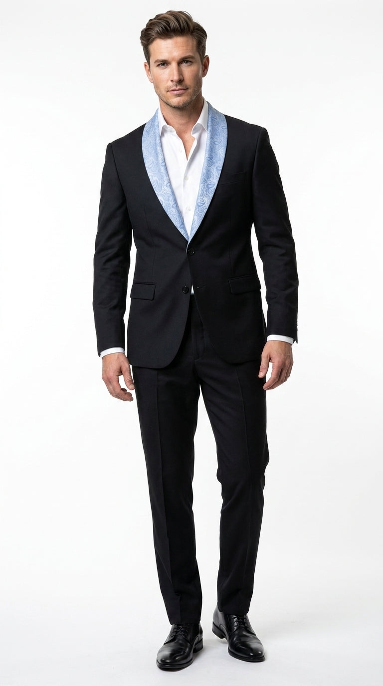 Men’s Black Suit with Light Blue Lapel – Modern Formal Tuxedo Style Suit for Wedding, Prom, Party and Sky Powder Blue Color – SuitUSA
