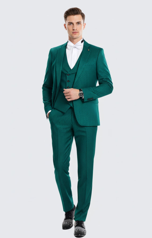 Men’s Emerald Green Textured 3-Piece Suit – Polk Dot Pattern Formal Wedding, Prom, and Evening Wear Outfit – SuitUSA