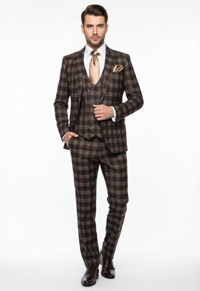 Men’s Brown Plaid Windowpane Three-Piece Suit Set – Classic Slim Fit Jacket, Double-Breasted Vest and Modern Fit Pants By Rossiman