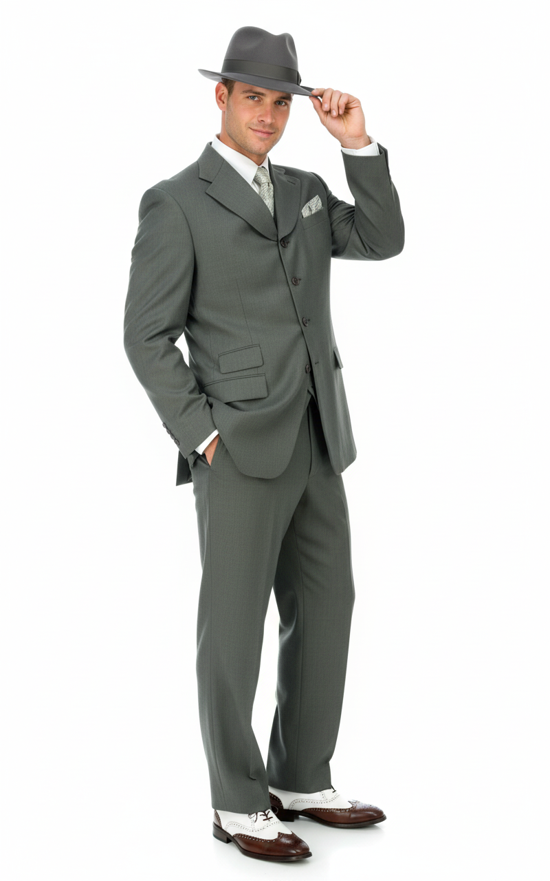 Men’s 1920s Gray Zoot Suit - 4 Buttons Gangster Wide Lapel Long Jacket 3-Piece Suit in Grey Color Classic Fit Pleated Pants USA Men's Outlet