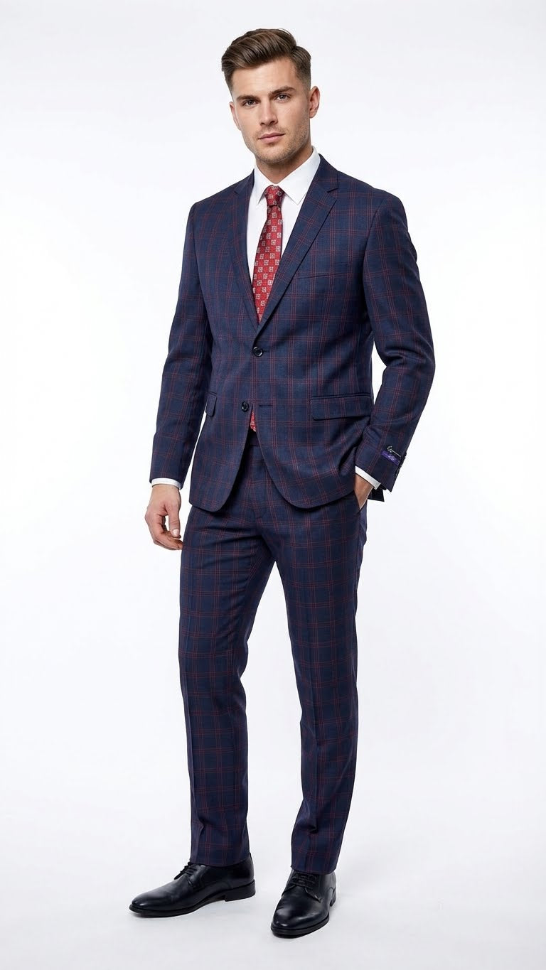 Men’s Navy Blue and Burgundy Checkered Two-Piece Suit Plaid Windowpane – Flat Front Pants or Pleated Wide Leg Pants - 100% Wool – SuitUSA