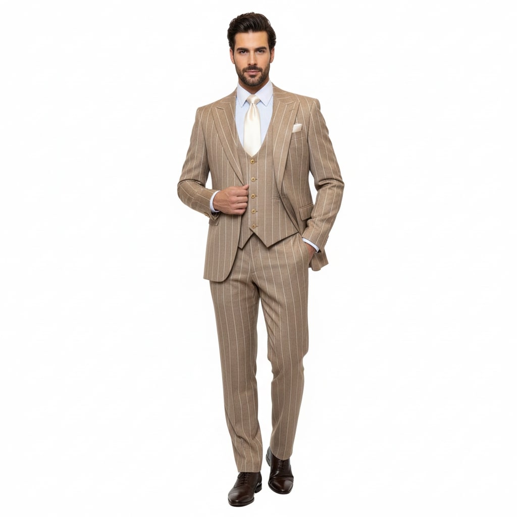 Men's Beige Pinstripe Three-Piece Vested Suit – Tailored Fit Business Attire in Tan Stripe by Rossiman – SuitUSA