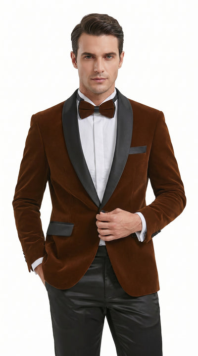 Menβs Brown Camel Bronze Velvet Tuxedo Jacket, Shawl Lapel Wedding Prom Dinner Blazer - Blazer Sportcoat