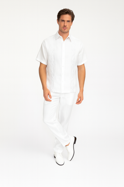 Men’s Linen White Embroidered Guayabera Two-Piece Set - Short Sleeve Shirt and Pants - Summer Walking Suit by USA Men's Outlet