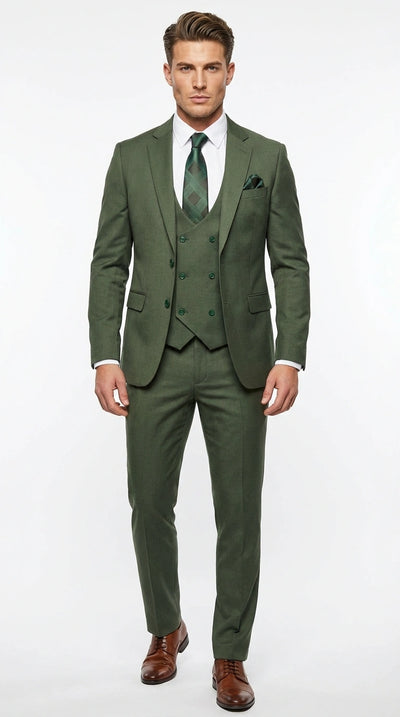 Men’s Forest Green Three Piece Suit – Double Breasted Vest Formal Wedding and Business Suit Set Olive Green Slim Fit