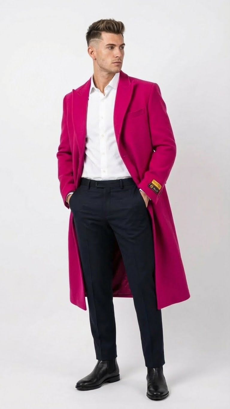 Men’s Hot Pink Wool Blend Overcoat – Topcoat Carcoat Winter Fabric – SuitUSA