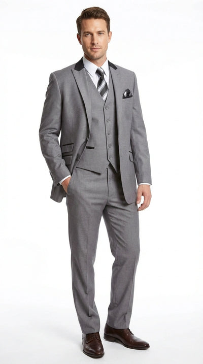 Men’s Light Gray Three Piece Suit with Black Chesterfield Collar – Classic Formal Wedding and Business Suit Set 1920s Vintage