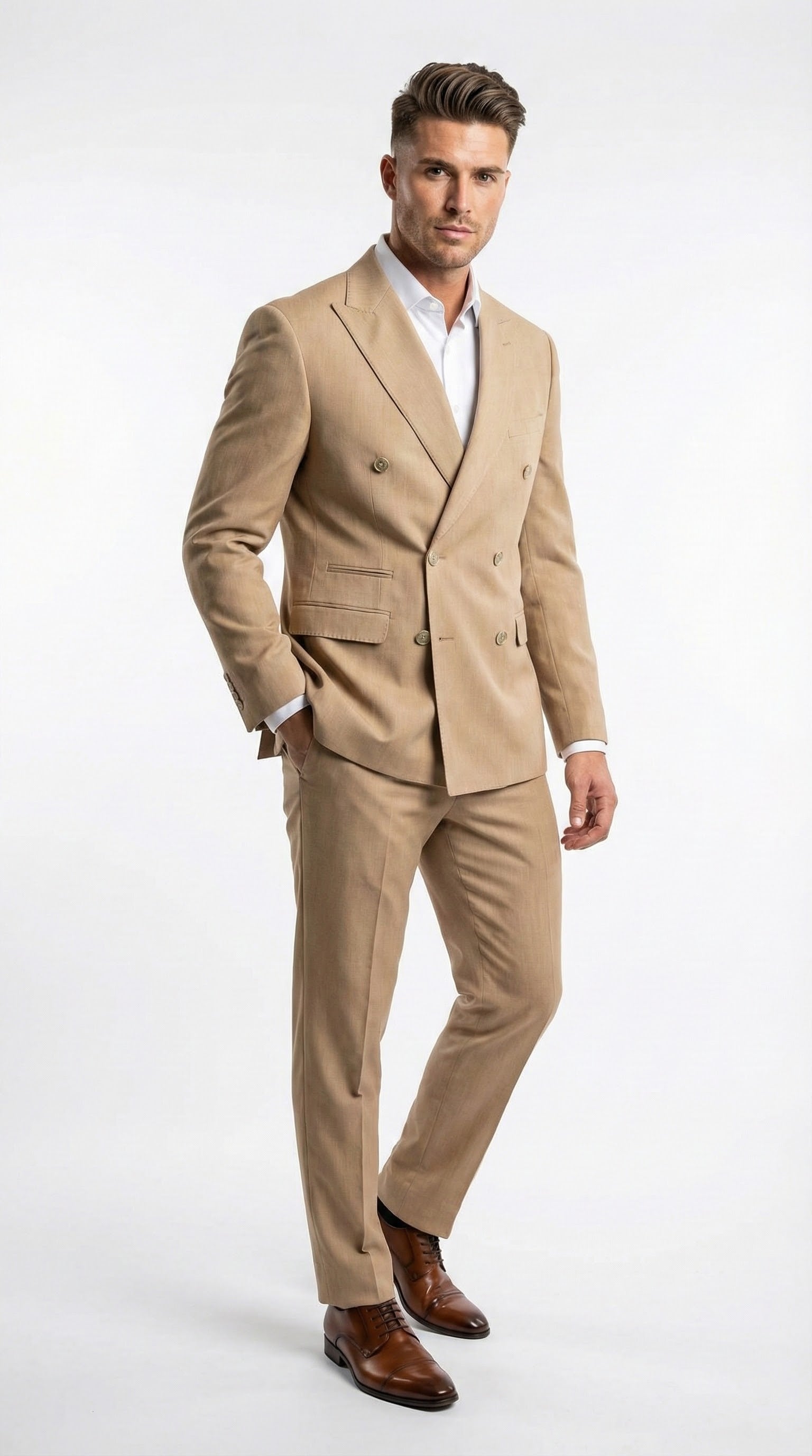 Vitali Brand Men’s Beige Double Breasted Suit - Classic Wedding, Prom & Party Wear Formal Outfit Khaki Camel Color USA Men's Outlet