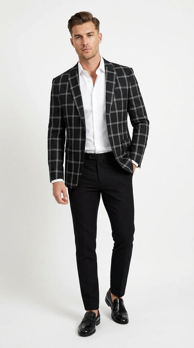 Men’s Black Windowpane Check Blazer – Black Plaid Formal Blazer Jacket for Business, Wedding and Smart Casual Style
