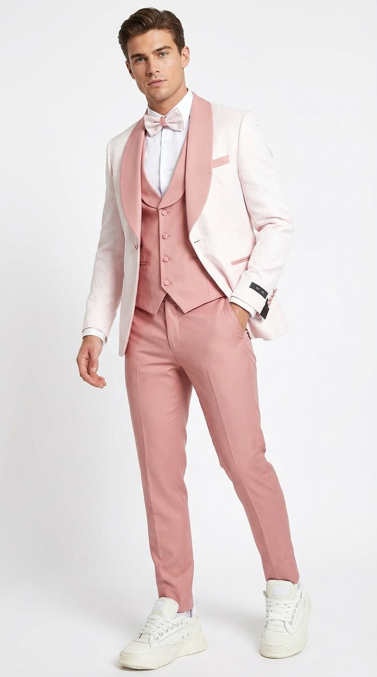 Men’s Cream and Rose Pink Prom Suit – Cream Tuxedo Jacket with Rose Pink Pants and Shawl Lapel Formal Suit for Prom and Wedding – SuitUSA