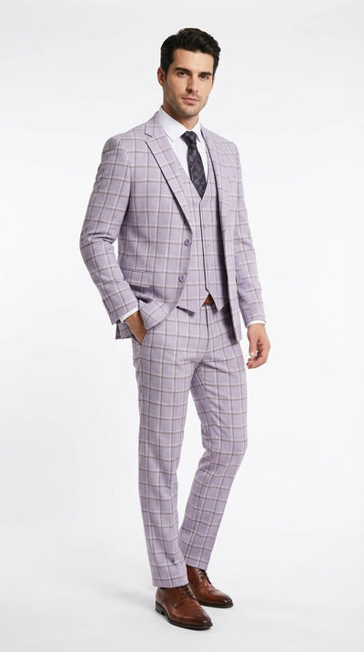 Men’s Lilac Lavender Windowpane Check 3 Piece Suit – Lilac Plaid Formal Suit with Vest for Wedding, Prom and Business Events