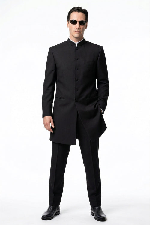 Men’s Black Coat Matrix Keanu Reeves Inspired Long Coat – Classic Mandarin Collar Formal Overcoat, Stylish Winter Trench Coat, Neo Style Jacket