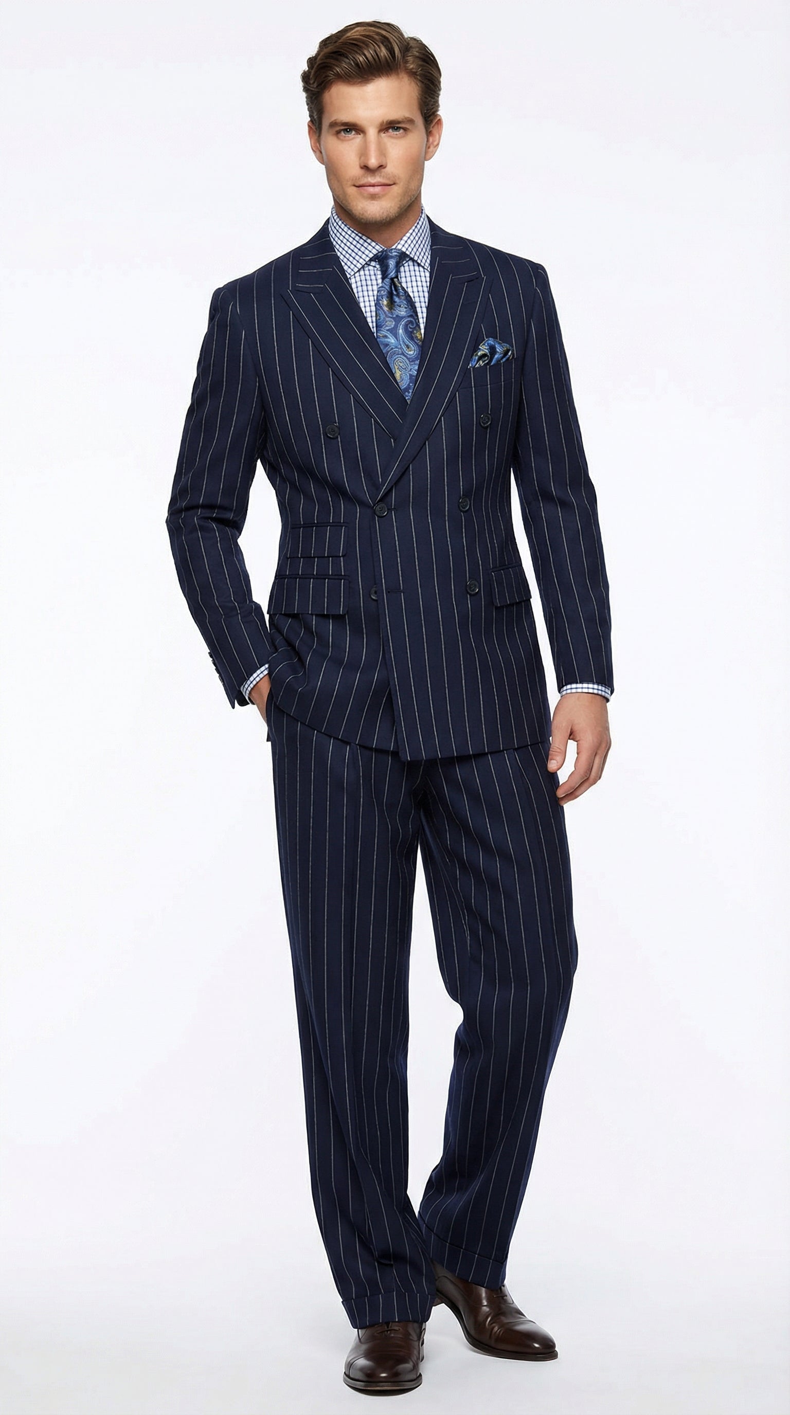 Men's Navy Blue Double Breasted Pinstripe Suit – Modern Fit By rossiman – SuitUSA
