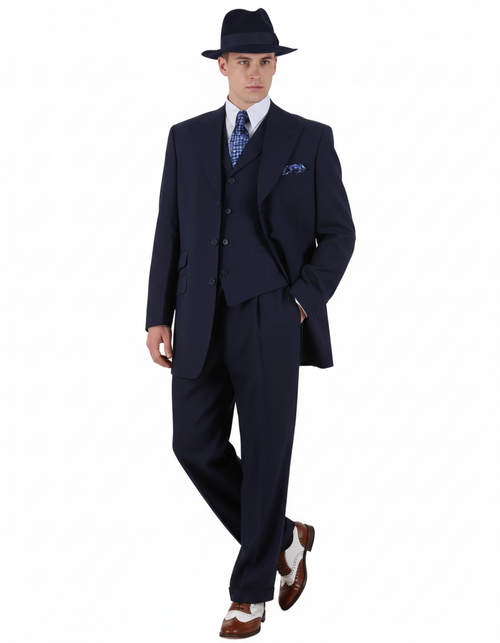 Men’s 1920s Navy Blue Zoot Suit with Fedora Hat and Wingtip Shoes – Classic Gangster 3-Piece Long - Classic Fit Pleated Pants
