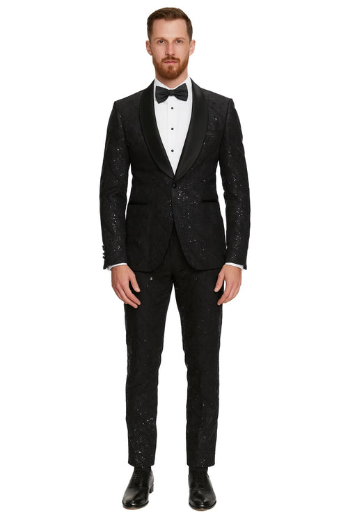 Black Sequin Tuxedo Suit with Satin Shawl Lapel – Mens Slim Fit Formal Prom and Wedding Attire