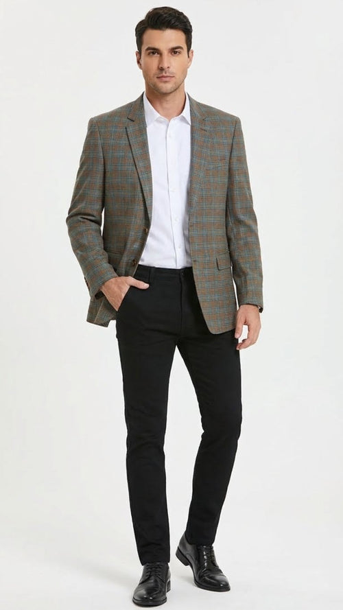 Men’s Green Brown and Teal Plaid Sport Coat - Tailored Fit Check Blazer Jacket - Tartan Sportcoat by USA Men's Outlet